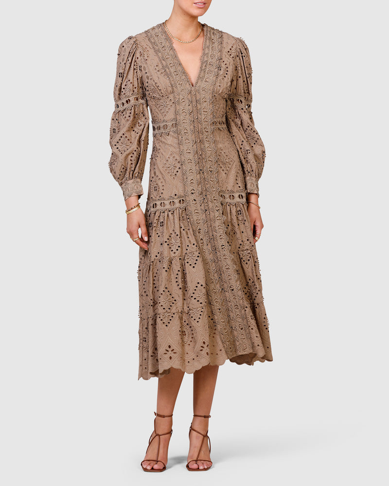 Nouveau Embroidery Midi Dress - Olive