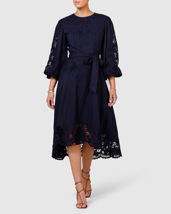 Renaissance Embroidery Midi Dress - French Navy