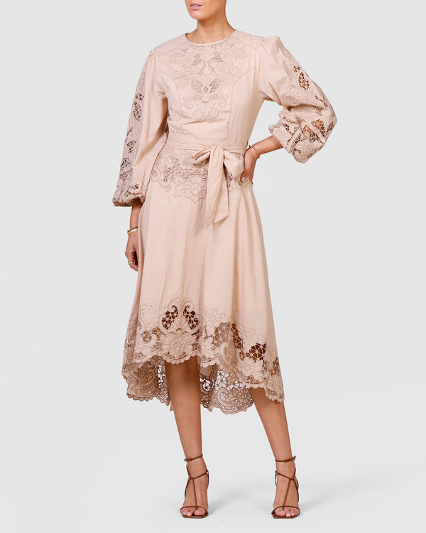 Renaissance Embroidery Midi Dress - Pink Clay